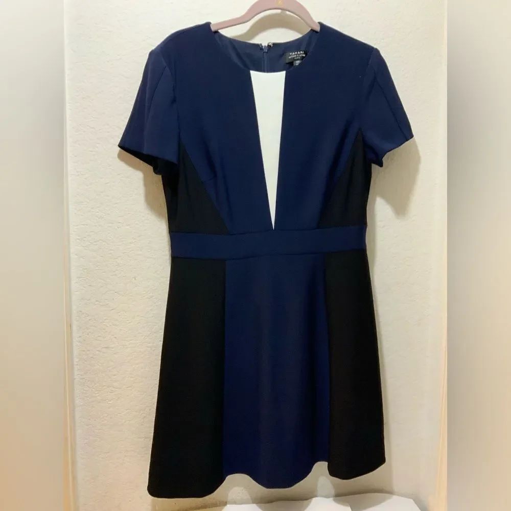 ELIE TAHARI Blue Black Ponte Stretch Zipper Detail Sheath Dress Size 10 P